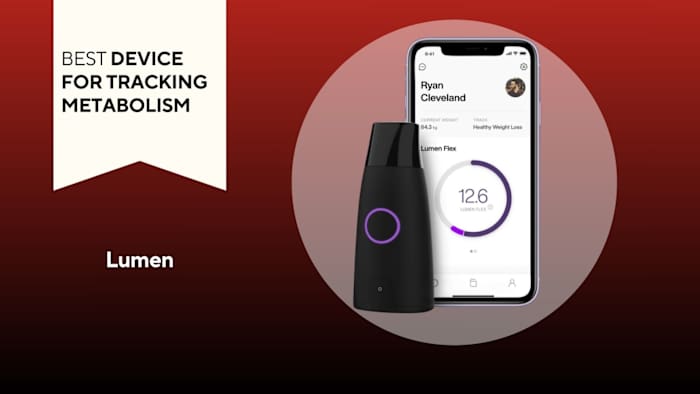 Image of the Lumen device and an iPhone with the Lumen app on the screen against a red background.